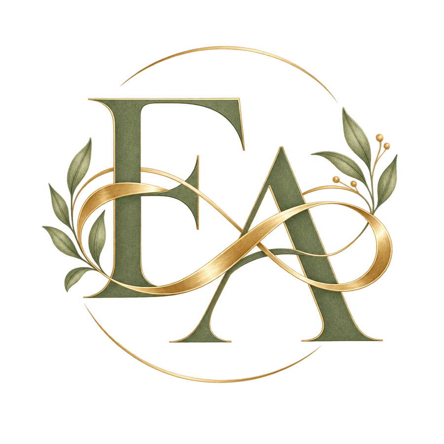 Ever After by Mirai monogram: the letters E and A in sage green, joined by a gold ribbon and framed by olive leaves.